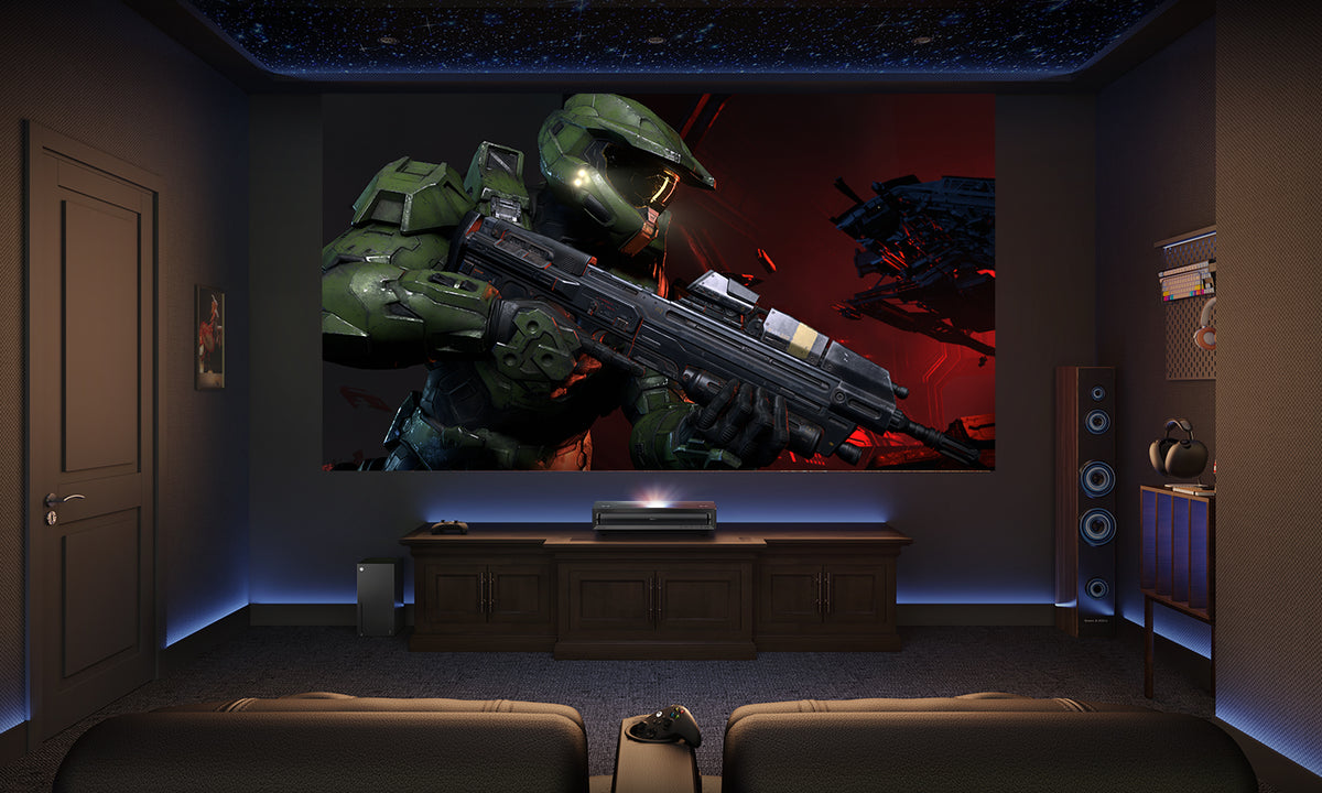 Hisense Laser Home Cinema on showcase in a modern cinema room or gaming room