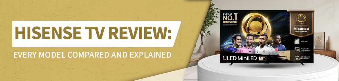 Hisense TV Review banner with the Hisense ULED MiniLED AI TV on a podium.