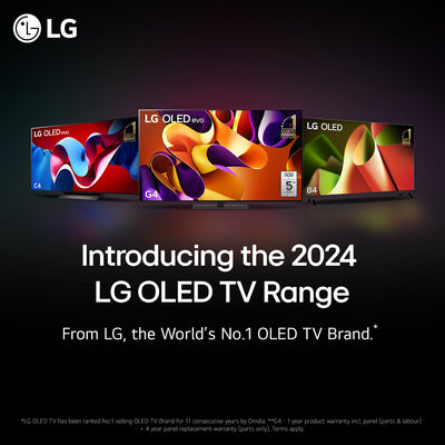 White text on black background with images of the 2024 LG range of TVs