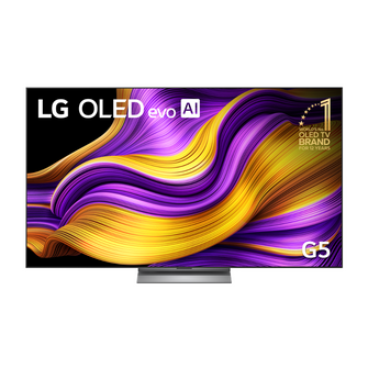 Front view of LG G5 OLED evo Ai TV showcasing a vivid purple and gold abstract deign, ultra-slim bezel, and sleek central stand.