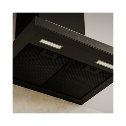 Underside close-up of the Haier 60cm 600 Series wall-mounted canopy rangehood in black, featuring dual LED lights and fine mesh filters for efficient kitchen ventilation.