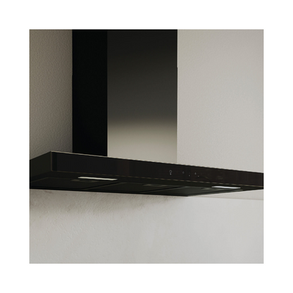Close-up angled view o the Haier 90cm 600 series wall-mounted canopy rangehood in sleek black, highlighting the minimalist control panel and integrated LED lighting.