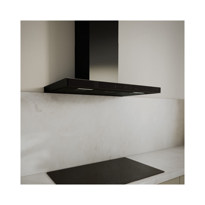 Haier 90cm 600 series black wall-mounted canopy rangehood installed above a modern cooktop, blending seamlessly with a minimalist kitchen design.