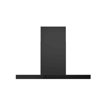 Front view of the Haier 90cm 600 series wall-mounted canopy rangehood in matte black with touch controls, offering a sleek and modern kitchen ventilation solution.