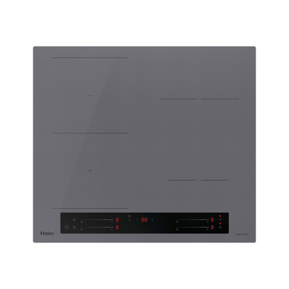Front view of Haier induction cooktop in grey with touch controls and LED indicators.
