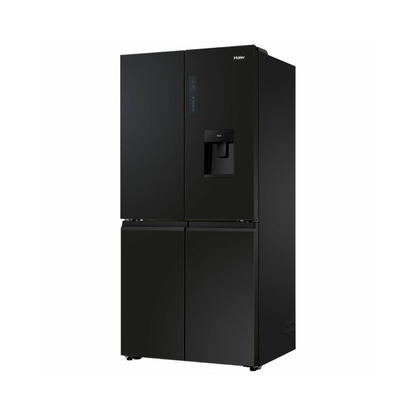 Angle view of the Haier 507L quad door fridge with the doors closed in a black finish showing the modern flat door design.