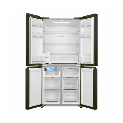 Front view of the Haier 507L quad door  fridge with the doors open in a black finish, showing organised shelves, fresh produce draws, door bins storage, and freezer compartments.
