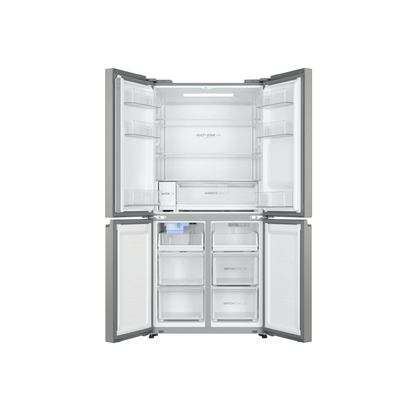 Front view of the Haier 507L quad door fridge in a satina finish, showing organised shelves, fresh produce draws, door bins and freezer compartments at the bottom.