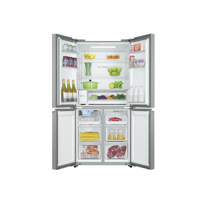 Front view of the Haier 507L quad door fridge in a satina finish, showing organised shelves, fresh produce draws, door bins and freezer compartments at the bottom.