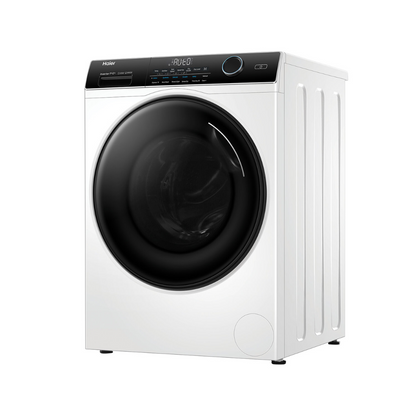 Angle view of the Haier 9/5kg washer dryer combo in white finish with the door closed, showing the right side panel, the top control panel with the electric rotary control knob, digital display with functions below and detergent dispenser.