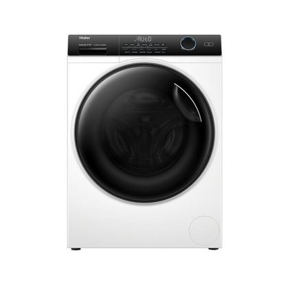 Front view of the Haier 9/5kg washer dryer combo in a white finish with the door closed, showing the control panel with an electric rotary control knob, a digital display with functions below it and a detergent dispenser.