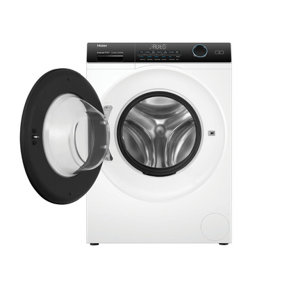 Front view of the Haier 9/5kg washer dryer combo in a white finish with the door open, showing the stainless steel interior drum, the control panel which has an electric rotary control knob, digital display with control below and a detergent dispenser.