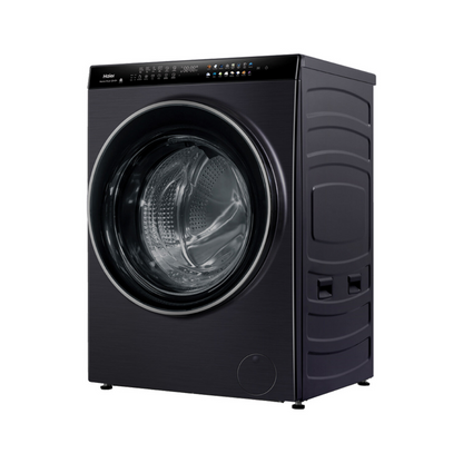 Angle view of the Haier 15/9kg washer dryer combo in a black finish with the door closed, showing the right side panel and control panel, with a digital display and touch controls.