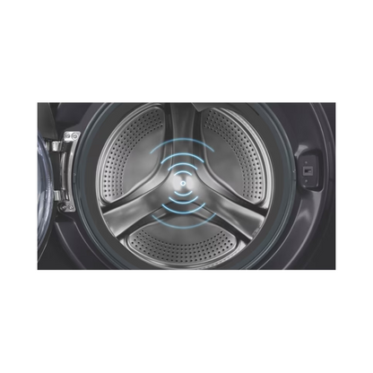 Close up view of the Haier 15/9kg washer dryer combo interior stainless steel drum.