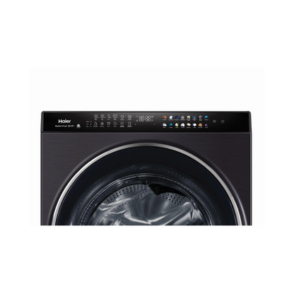 Close up view of the Haier 15/9kg washer dryer combo control panel, showing a power button, pause button, touch buttons for functions, digital display and digital touch buttons.