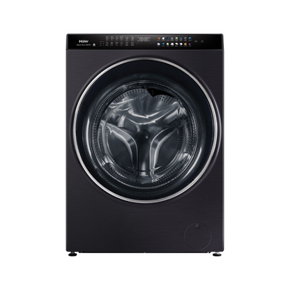 Front view of the Haier 15/9kg washer dryer combo in a black finish with the door closed, showing the top panel with a digital display and touch controls.