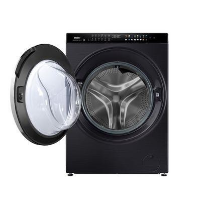 Front view of the Haier 15/9kg Washer dryer combo in a black finish with the door open, showing the stainless steel interior drum, the control panel, with a digital display and touch controls.