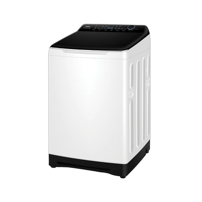 Angle view of the Haier 12kg top load washing machine in a white finish with the lid closed, showing the control panel at the top and the right side panel.