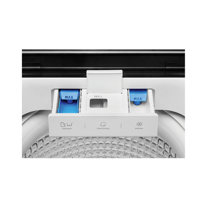 Close up view of the Haier 12kg top load washing machine detergent dispenser, which is located under the lid.