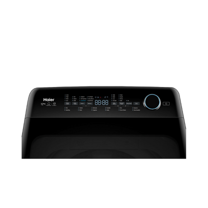 A close up view of the Haier 12kg top load washing machine control panel, showing the power button, electric rotary control knob, digital display and LED indicators.
