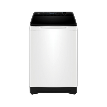Front view of the Haier 12kg top load washing machine in a white finish, with the lid closed showing the control panel, which has an electric rotary control panel, digital display and LED lights to indicate which cycle or function is in use.
