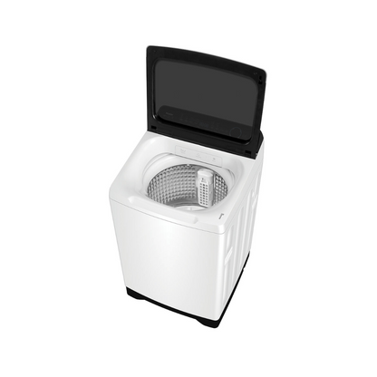 Top angle view of the Haier 12kg top load washing machine in a white finish with the lid open, showing the stainless steel interior drum.