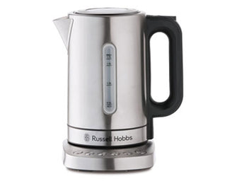 Silver Russell Hobbs kettle with black handle on a white background