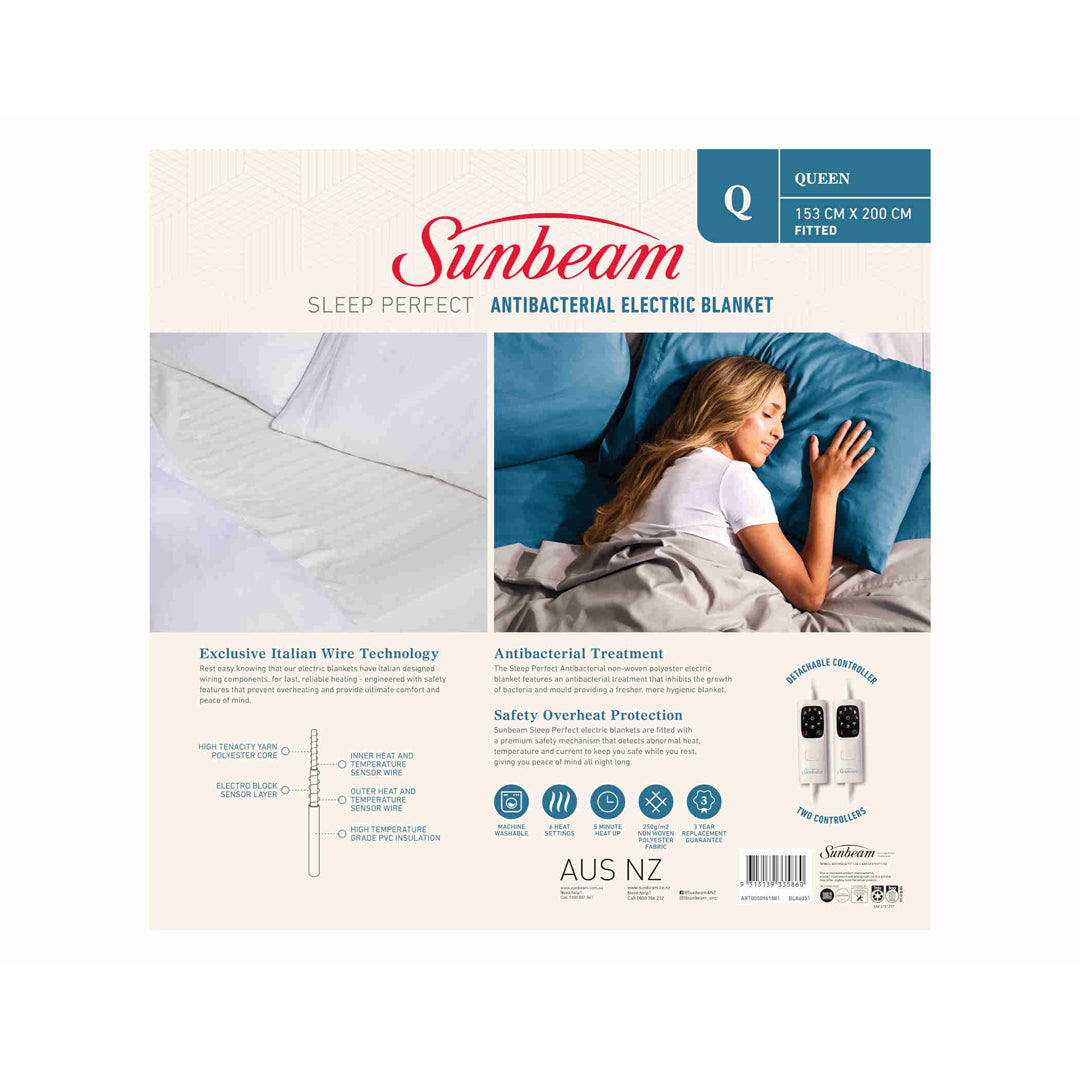 Sunbeam Sleep Perfect Antibacterial Electric Blanket Queen