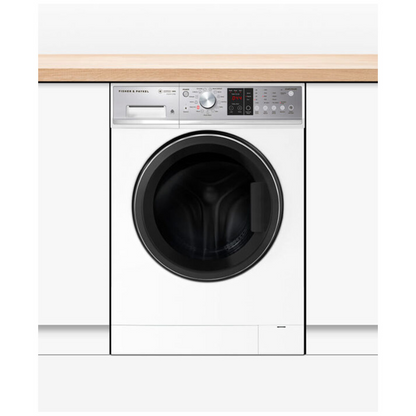 Front view of the Fisher & Paykel 9kg front load washing machine in white, in modern laundry setting with white cabinetry beside it and a wooden benchtop above.