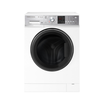Front view of the Fisher & Paykel 9kg front load washing machine in a white finish with the door closed, showing the digital display, control knob and detergent dispenser on the top panel.