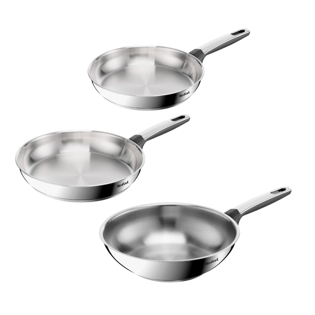 Tefal Emotion+ Induction Stainless Steel Uncoated Triple Pack Frypans 24/30cm & 28cm Wok