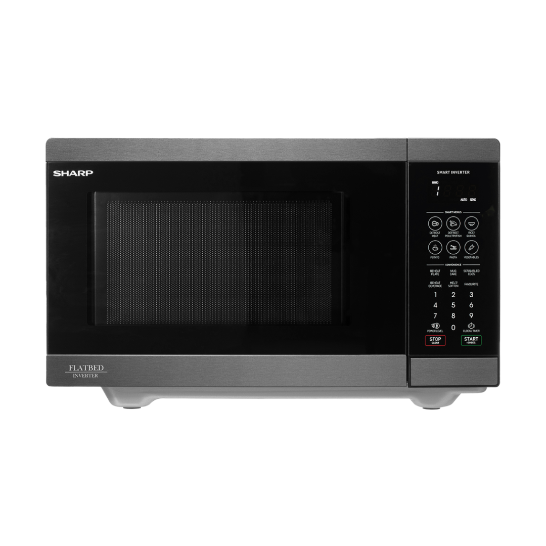 Sharp 26L Flatbed Microwave in Black Steel with Smart Inverter