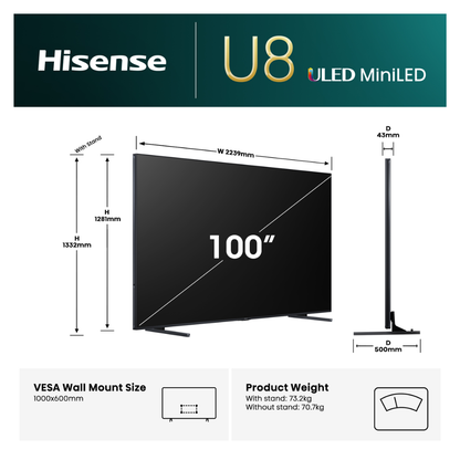 Hisense 100" U8QAU 4K QLED 165Hz Smart TV (2025)