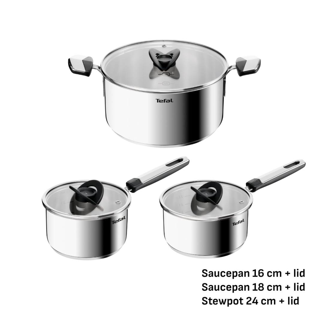Tefal Emotion+ Induction Stainless Steel Uncoated 3pc Pot Set
