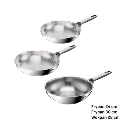 Tefal Emotion+ Induction Stainless Steel Uncoated Triple Pack Frypans 24/30cm & 28cm Wok