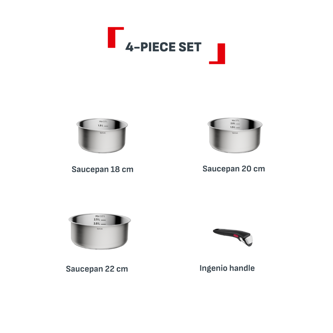 Tefal Ingenio Emotion+ Induction Uncoated Stainless Steel 4pc Pot Set