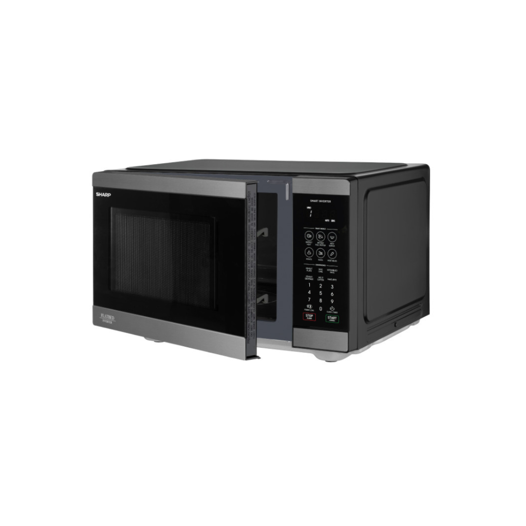 Sharp 26L Flatbed Microwave in Black Steel with Smart Inverter