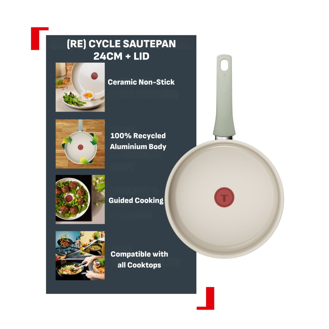 Tefal Recycle Induction Ceramic Green Lichen Non-Stick Sautepan 24cm + Lid