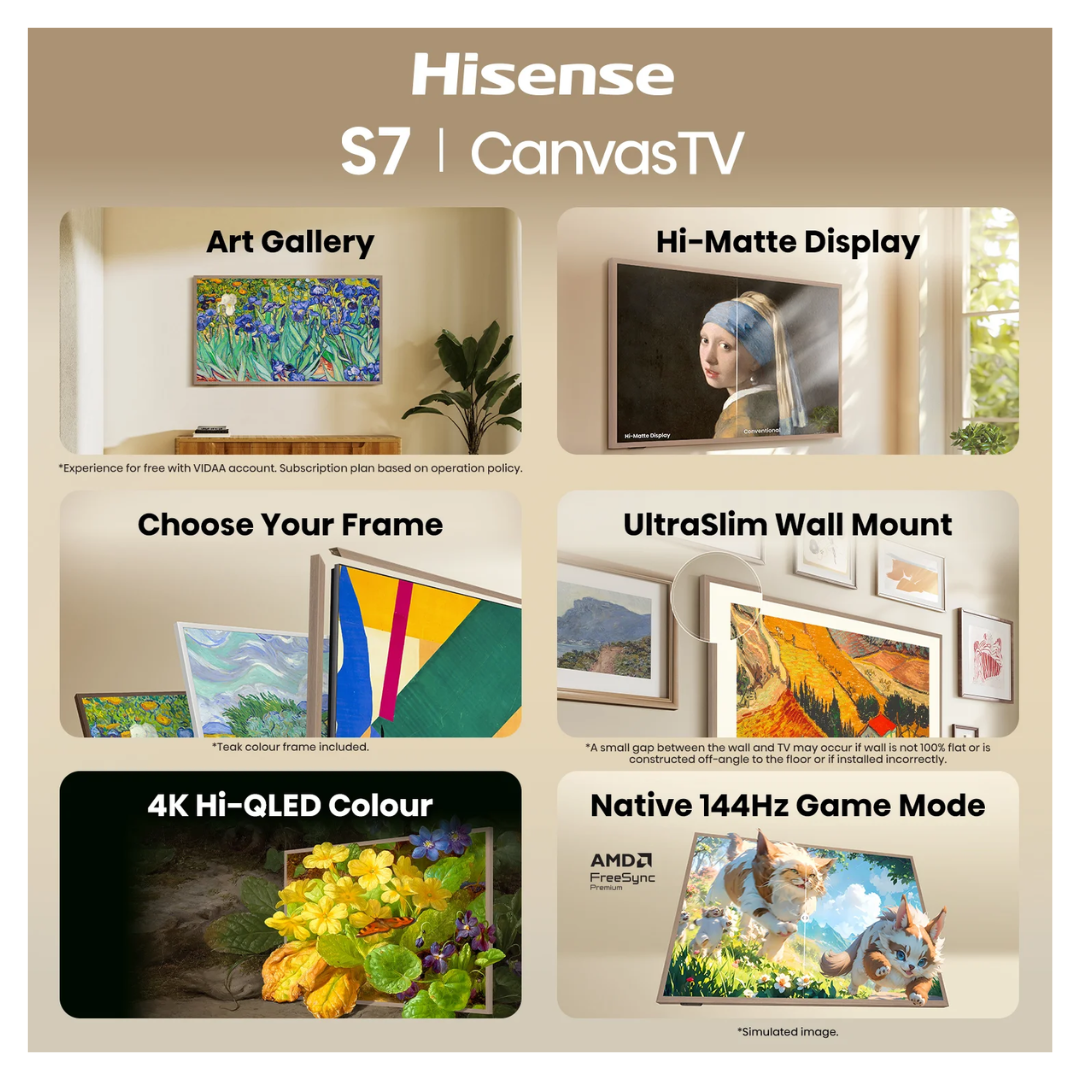 Hisense 75" Canvas TV S7SAU 4K Hi-QLED 144Hz Smart TV (2026)