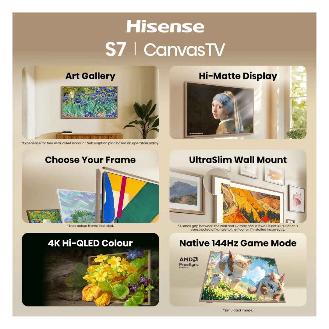 Hisense 65" Canvas TV S7SAU 4K Hi-QLED 144Hz Smart TV (2026)