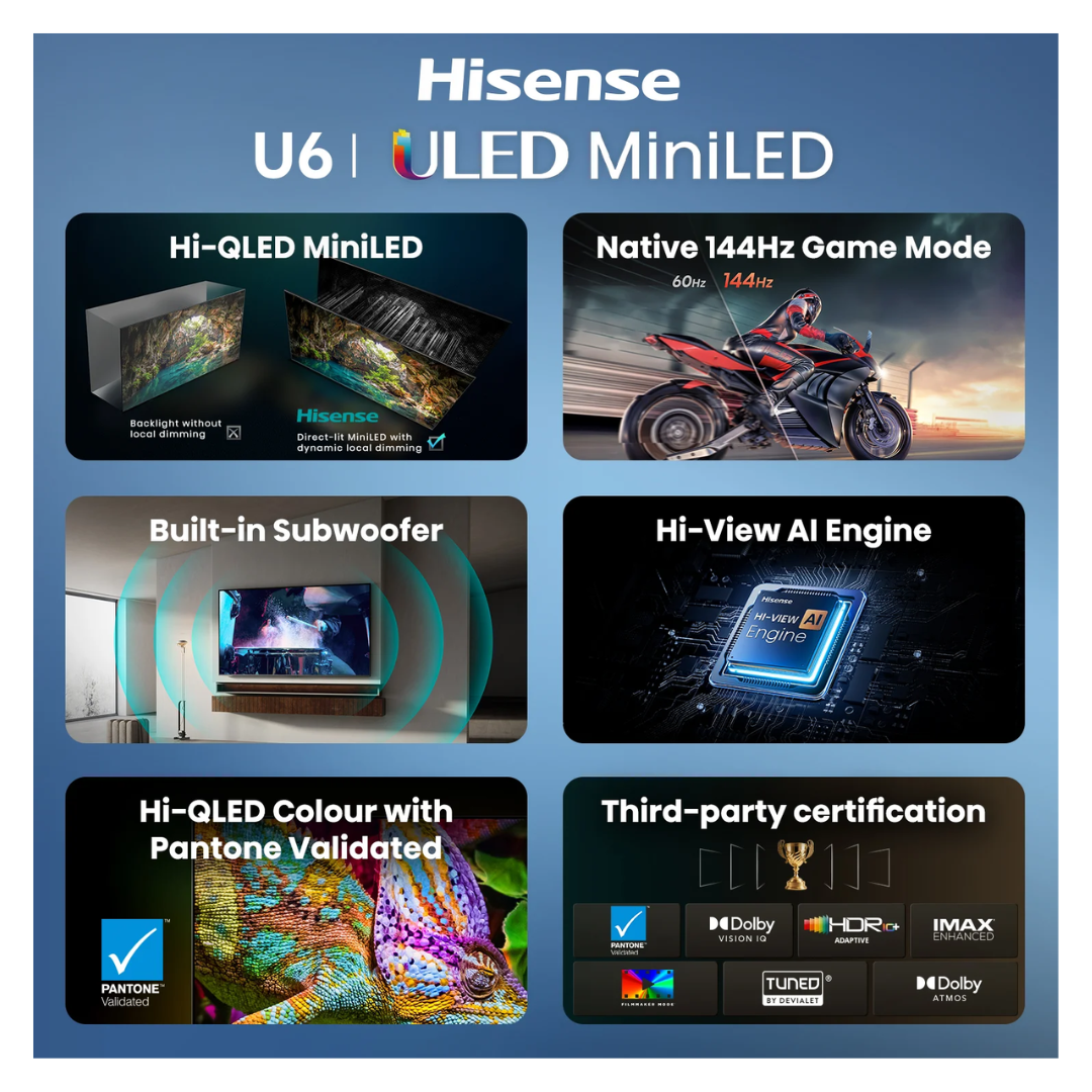 Hisense ULED MiniLED 55" U6S Hi-QLED 144Hz 4K Smart AI TV (2026)