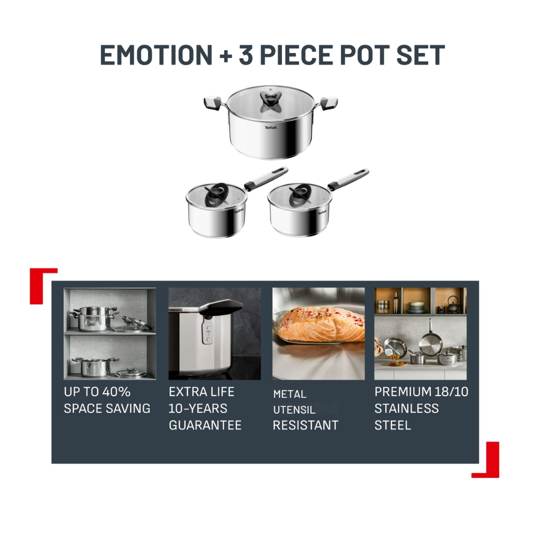 Tefal Emotion+ Induction Stainless Steel Uncoated 3pc Pot Set