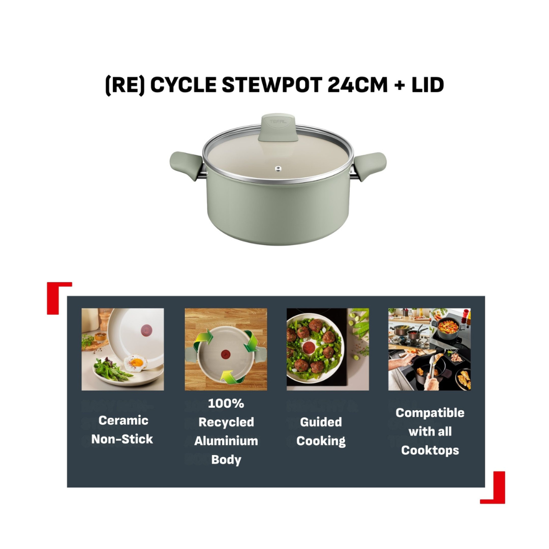 Tefal Recycle Induction Ceramic Green Lichen Non-Stick Stewpot 24cm + Lid