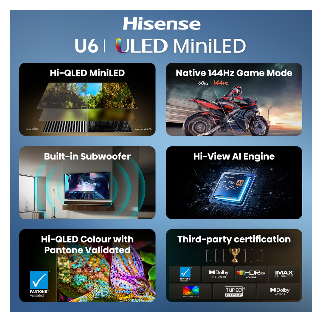 Hisense ULED MiniLED 65" U6S Hi-QLED 144Hz 4K Smart AI TV (2026)