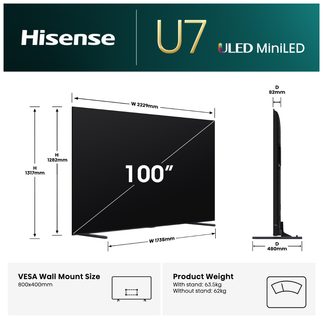 Hisense ULED MiniLED 100" U7QAU 4K QLED 165Hz Smart TV (2025)