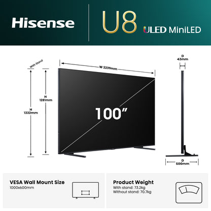 Hisense 100" U8QAU 4K QLED 165Hz Smart TV (2025)