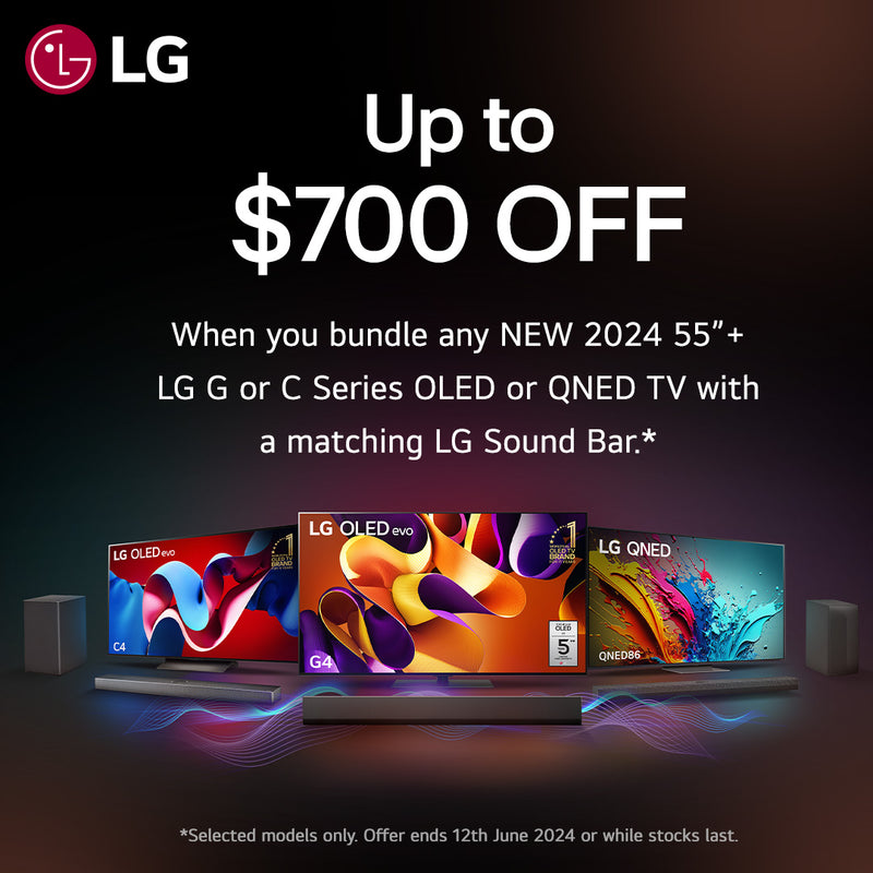 LG offers up to $700 off on 55”+ OLED/QNED TVs with sound bar bundle, valid until June 12, 2024. Available at Bi-Rite Home Appliances