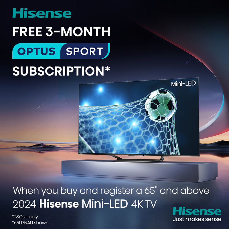 A promotional Banner for Hisense and Optus Sport. Get 3-month Free subscription when you purchase an eligible Hisense TV