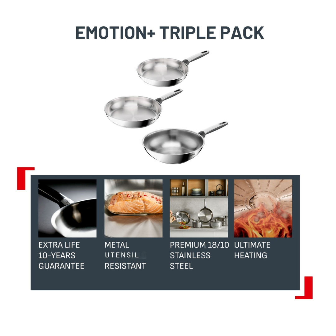Tefal Emotion+ Induction Stainless Steel Uncoated Triple Pack Frypans 24/30cm & 28cm Wok