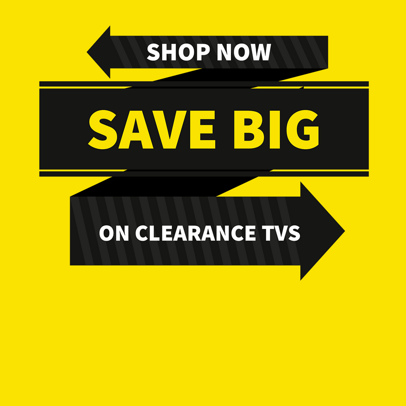 Yellow and black image promoting the savings on clearance model Televisions 